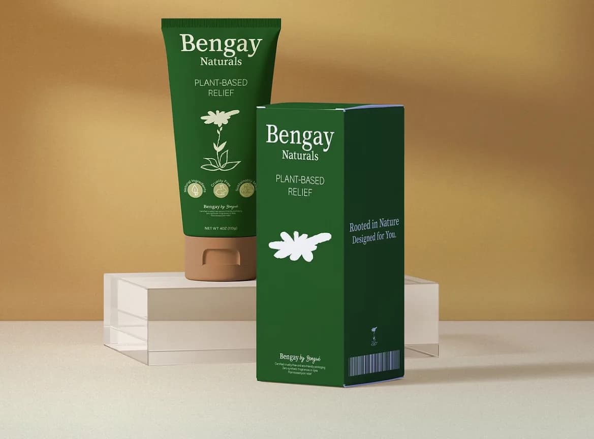 Alternate Bengay Naturals packaging in deep green: a plant-based relief tube and carton reading 'Rooted in Nature, Designed for You'