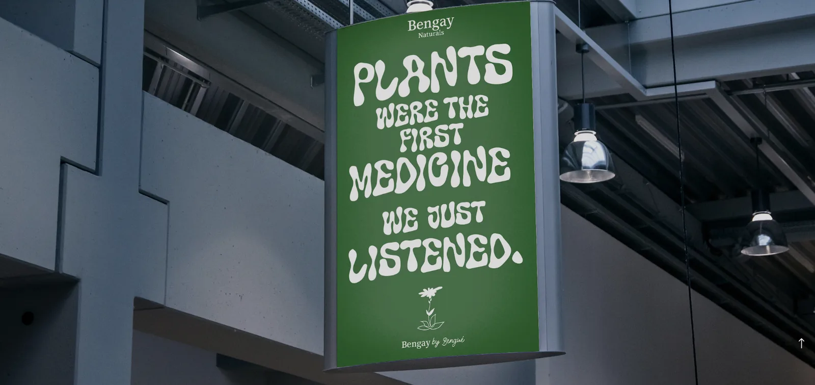 Hanging transit poster reading 'Plants were the first medicine. We just listened.' signed Bengay by Bengué