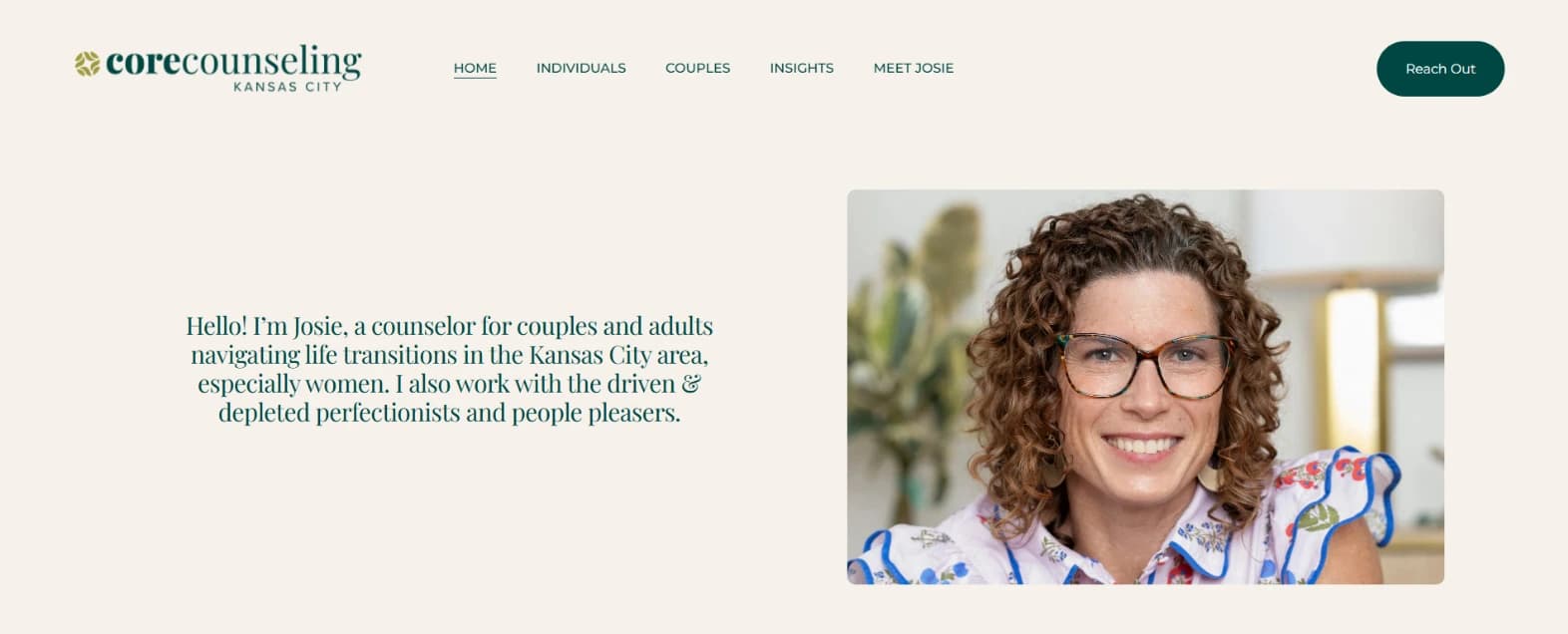 Core Counseling KC home page: 'Hello! I'm Josie, a counselor for couples and adults navigating life transitions in the Kansas City area', beside a portrait of Josie