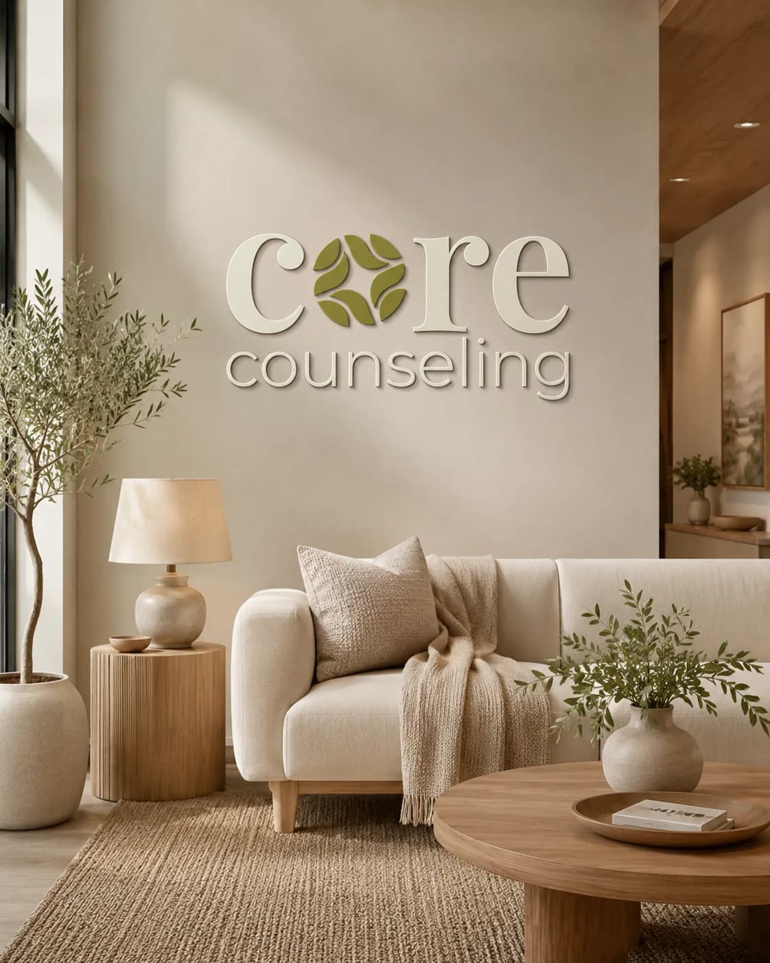 The Core Counseling logo as dimensional lettering on a calm, neutral waiting-room wall above a cream sofa