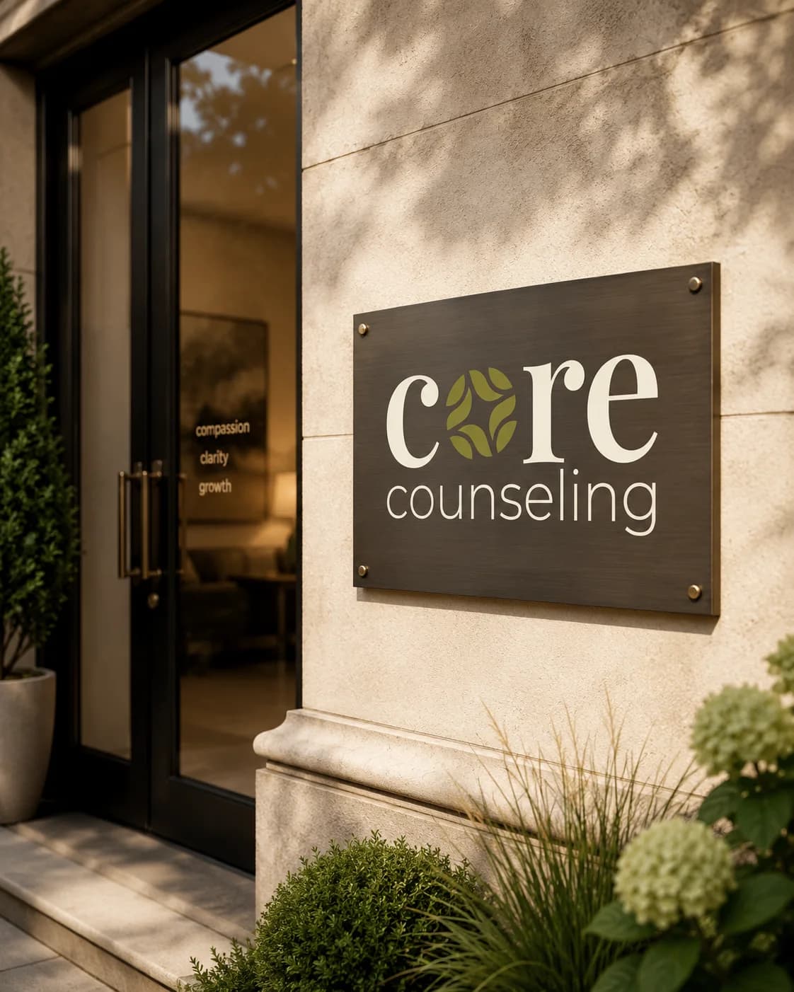 Dark bronze wall sign reading Core Counseling beside the glass entrance doors of a stone office building