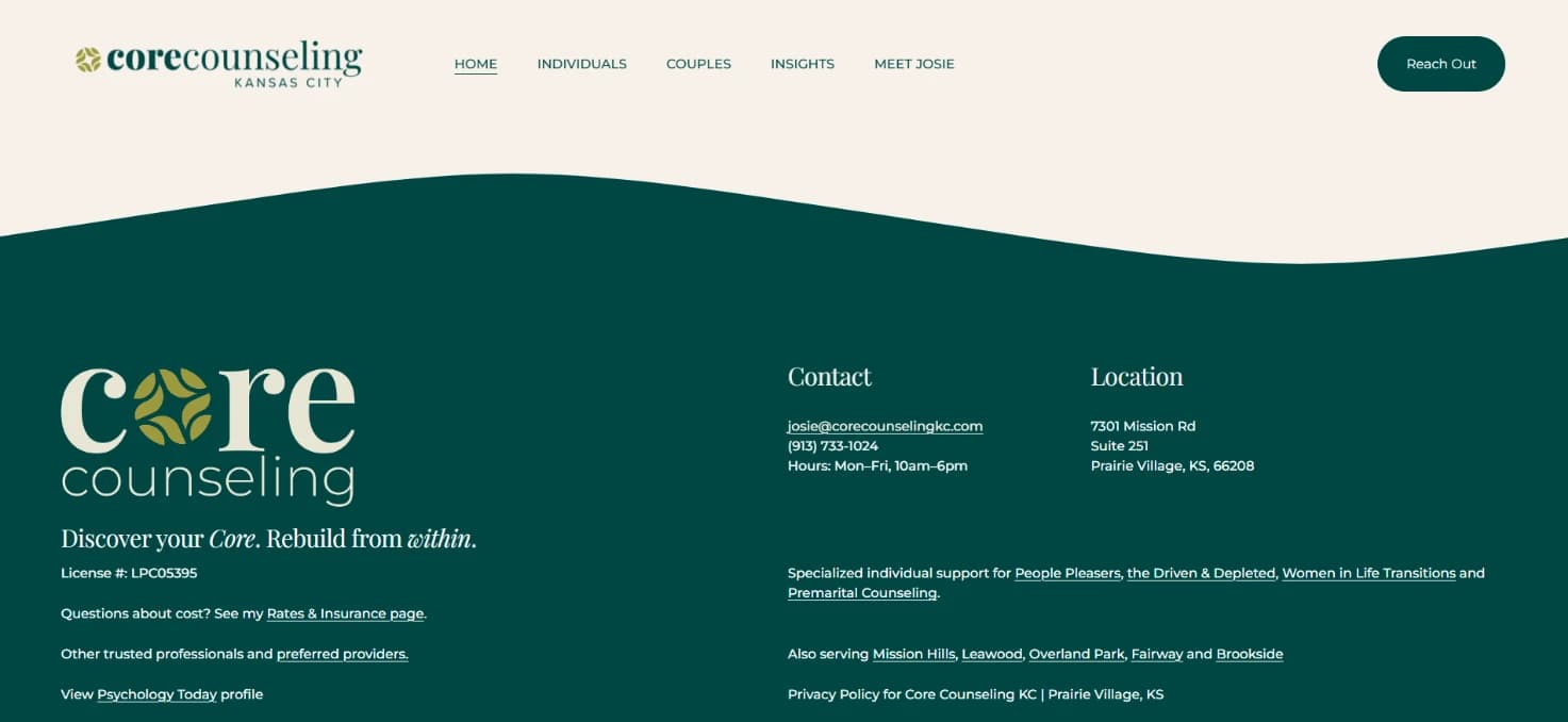 Core Counseling KC site footer: a wave of deep green under the header, with the logo, 'Discover your Core. Rebuild from within.', contact details and the Prairie Village office address
