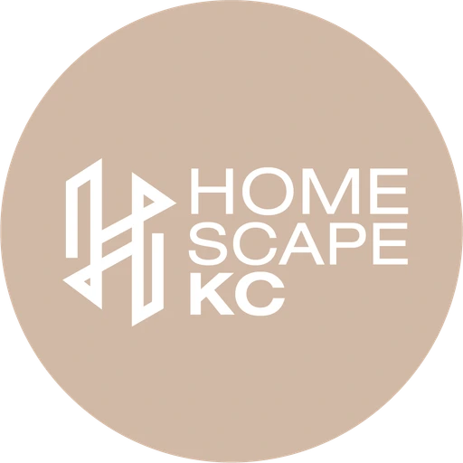 HomescapeKC horizontal logo, white on sand